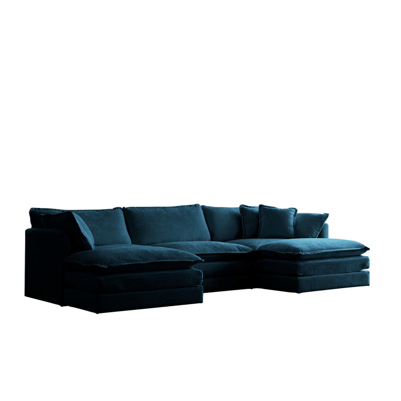 Canapé modulaire en U en forme de U avec 2 repose-pieds, tissu en chenille bleu, structure en bois massif solide pour un canapé modulaire en chenille, Robust Home Life