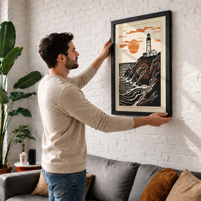 Lighthouse at Dusk Coastal - Framed Print, A1 - 84.1 x 59.4 cm, Black