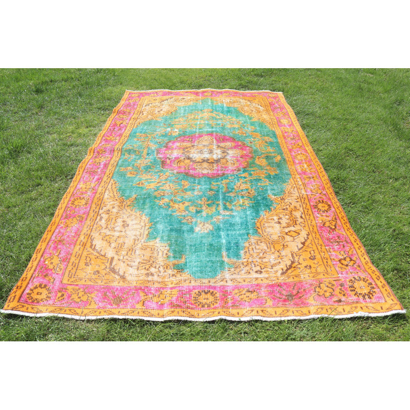 Tapis turc antique sculpté: grand tapis de chambre en laine orange avec motif rétro