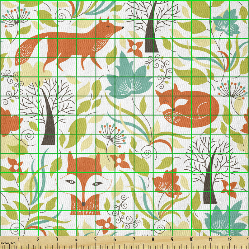 Cimah Wild Fox Wolf with Leaves Flowers and Leafless Trees Multi-Purpose Fabric