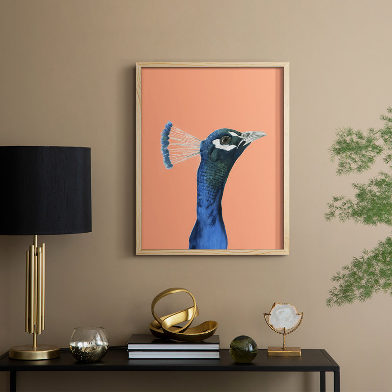 Peach Peacock Portrait I Framed Print - Solid Wood, Naturel, H 15 po x l 12 po