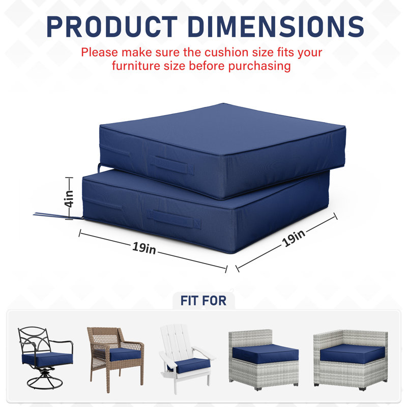 Coussins de siège d'extérieur (ensemble de 2), Bleu, 4 pouces, L 19 po x P 19 po