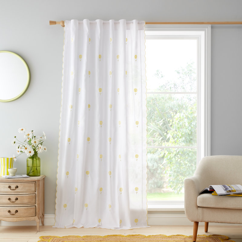 Lorna Embroidered Daisy Slot Top Curtain Panel, 140cm W x 137cm D