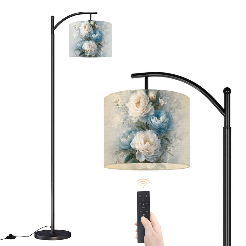 Lampe sur pied à arc Arc-en-ciel à pivoines bleues et blanches avec fleurs délicates et feuillage avec télécommande DEL
