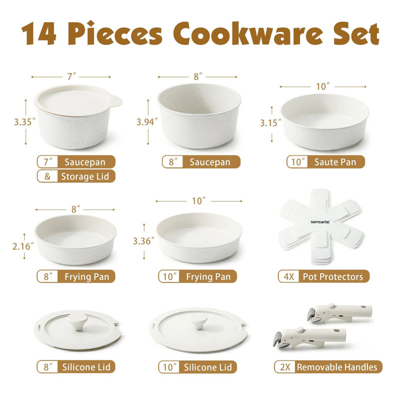 14-Piece White Non-Stick Aluminum Cookware Set with Removable Handles