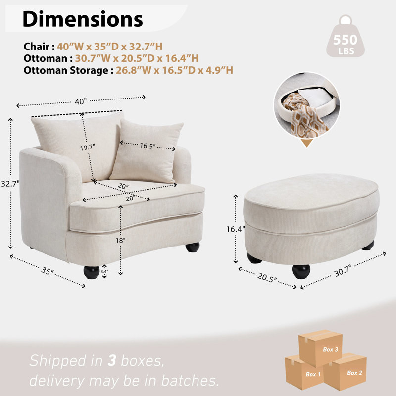 Oversized Verona With Ottoman, Wide Chaise Lounge Chair Indoor, Modern Armchair With Pillow, Chenille Comfy Chairs For Bedroom, Living Room