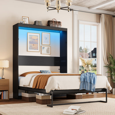 Murphy Bed With LED Lights, Space‑Saving Fold‑Up Cabinet Bed, No Box Spring Needed For Home Office Guest Room