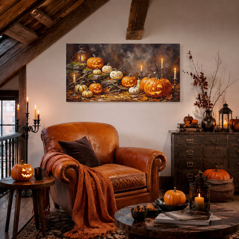 Art mural sur toile, citrouilles sculptées et bougies allumées dans la forêt sombre, 40“W x 20”H