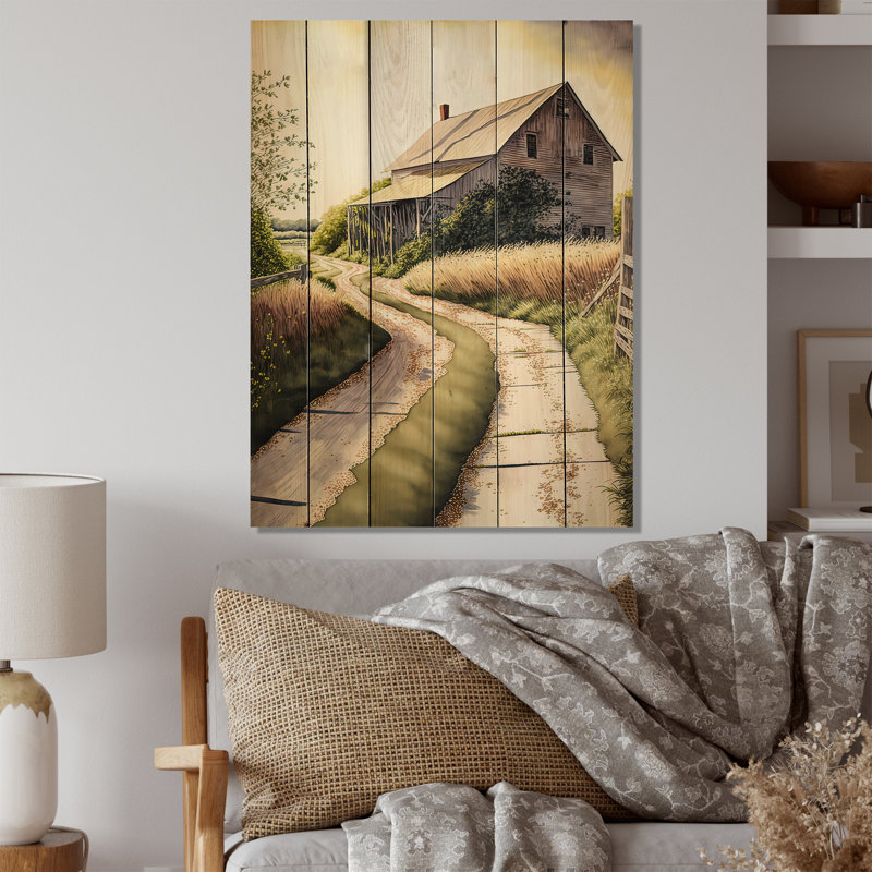 Morelle charmante grange et chemin II - impression sur bois sans cadre, H 32 po x l 16 po x P 1 po