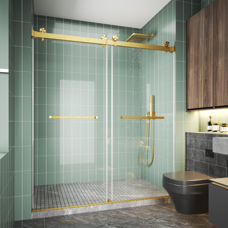 62–66" W x 76" H Modern Frameless Double Sliding Shower Door with 3/8" Tempered Glass  and Stainless Steel Hardware, Brushed Gold