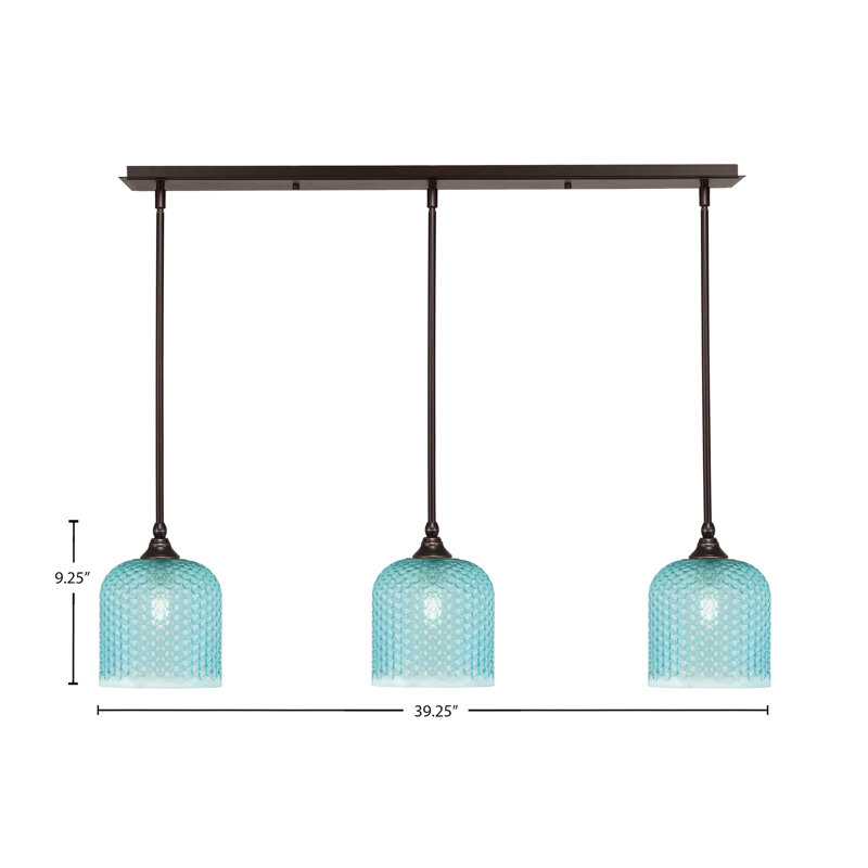 Luminaire suspendu linéaire à 3 lumières avec verre texturé turquoise de 7 po, Bronze huilé