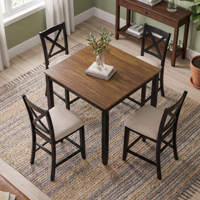 Two-Tone Black & Oak Counter Height Dining Ensemble of 5, Farmhouse Style Solid Wood Dinner Furniture Set for 4 Persons, Space-Saving Square Table wit