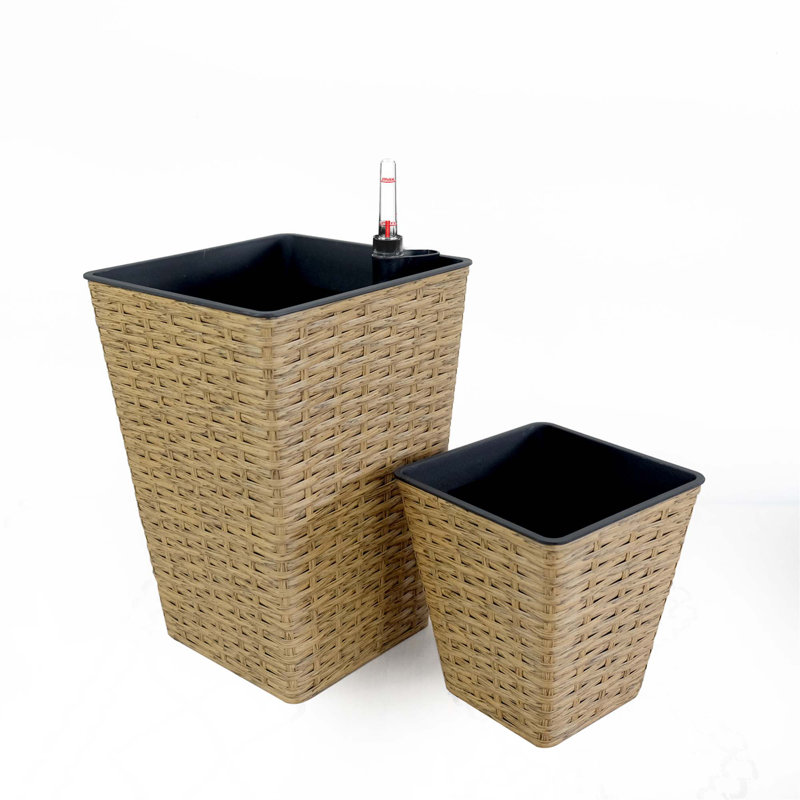 2-Pack Smart Self-Watering Square Planter For Indoor And Outdoor - Hand Woven Wicker, Brown