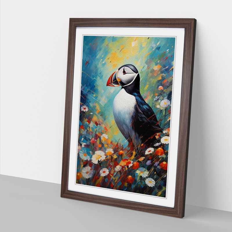 XYZ-FRM-V1223-5314 Puffin Expressionism - Single Picture Frame Print on Wood, Walnut, 46cm H x 34cm W x 2cm D