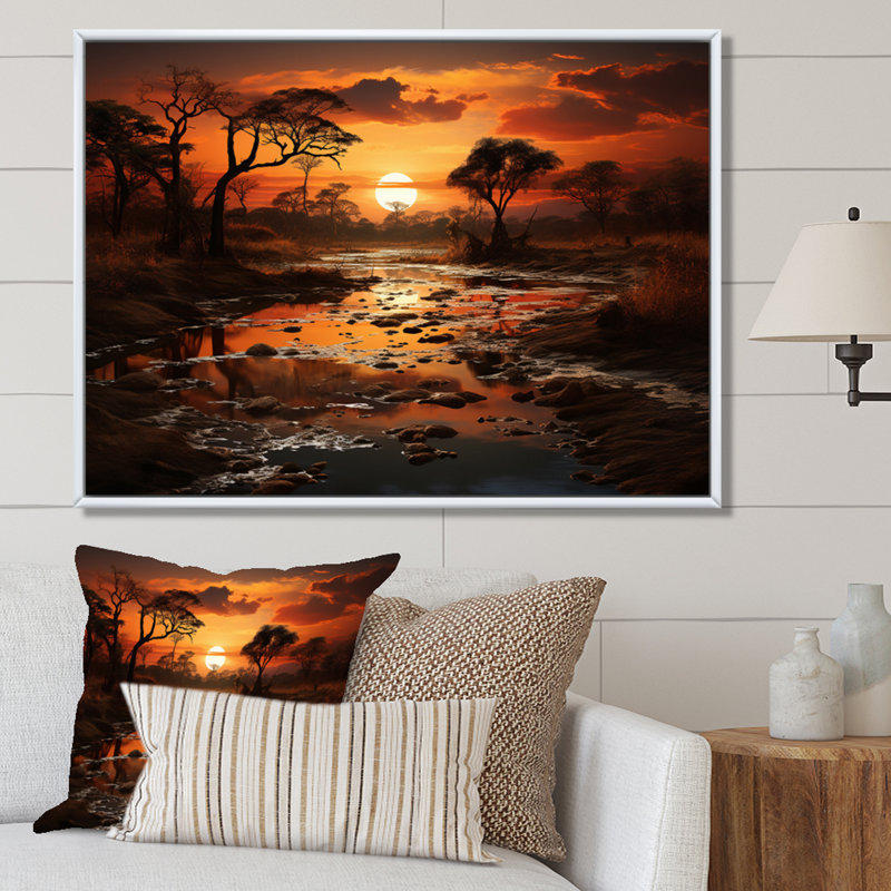 «African Sunset Oasis I», reproduction sur toile, Cadre flottant blanc, H 16 po x l 32 po x P 1 po