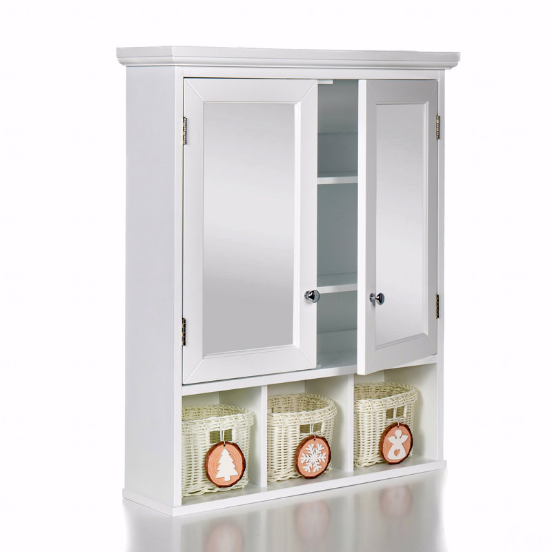 Armoire de rangement en bois, rangement pour salle de bain à 2 portes, armoires à pharmacie avec miroir, tablette ajustable avec portes et 3 paniers de style mural