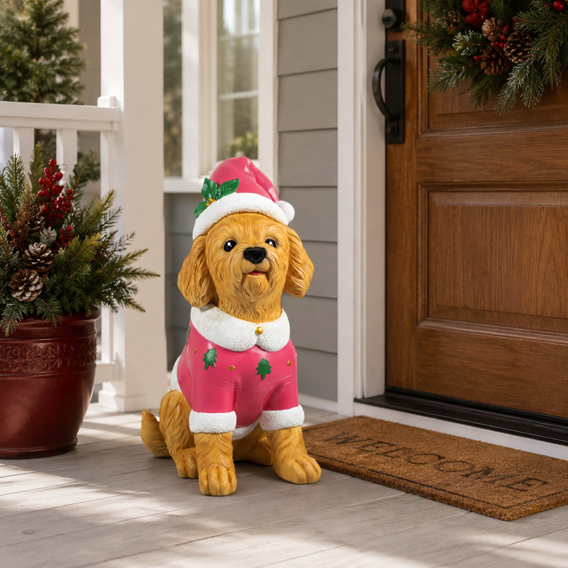 Adorable statue de chien, sculpture décorative en résine avec un chapeau de père Noël, yellow