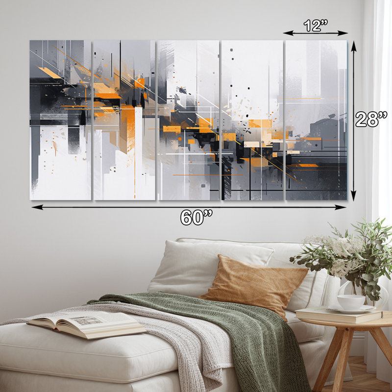 Orange gris symétrique Sripes I - cubisme, reproduction sur toile - 5 panneaux égaux
