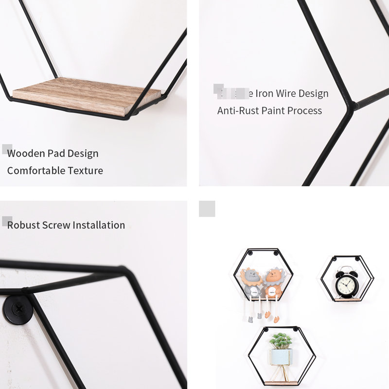 Black Floating Wall Shelves Of 3, Hexagonal Shape, Ideal For Bedroom And Living Room Decor, High - Quality Materials Professional Craftsmanship Mounted Storage Shelves, Modern Metal Wood Rack Various