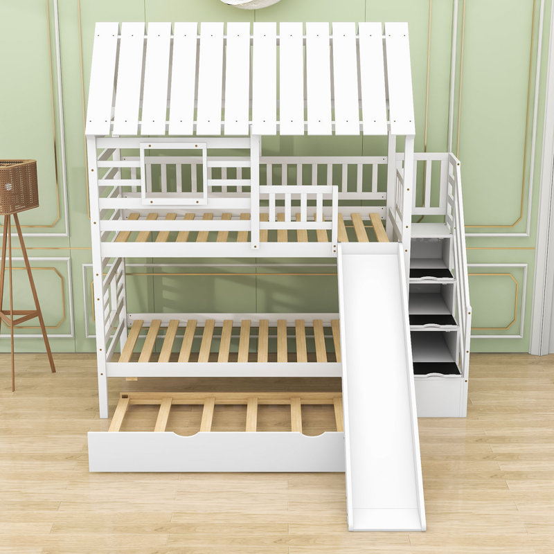 Purvi Kids Twin Over Twin Bunk Bed with Trundle, White