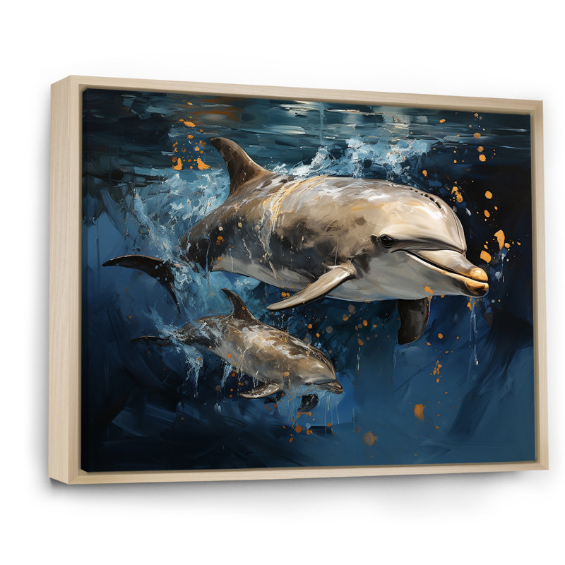 Dauphins dansants - animaux, art des dauphins, Cadre flottant brun, H 34 po x l 44 po x P 1,5 po