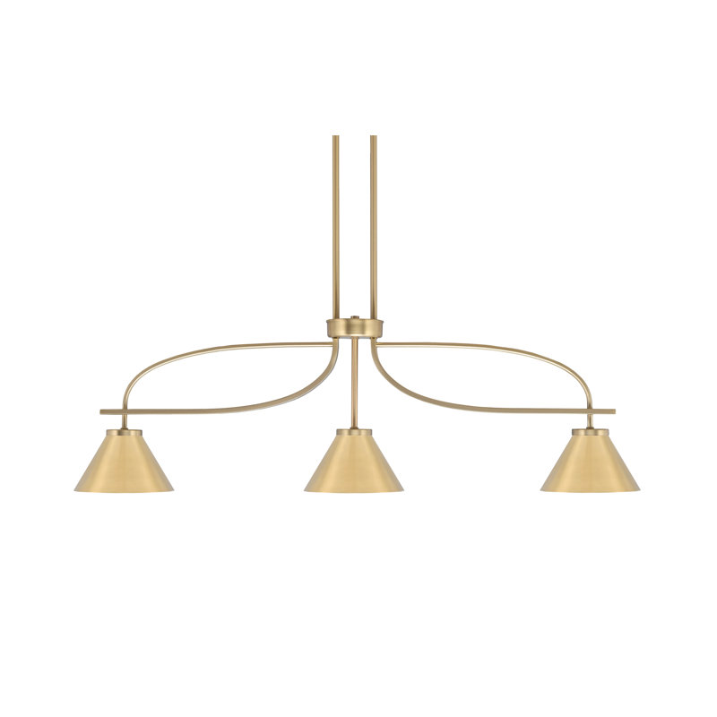 Luminaire pour îlot de cuisine 3 lumières Cavella au fini nouvel âge en laiton avec abat-jour en cône en laiton 7 "New Age