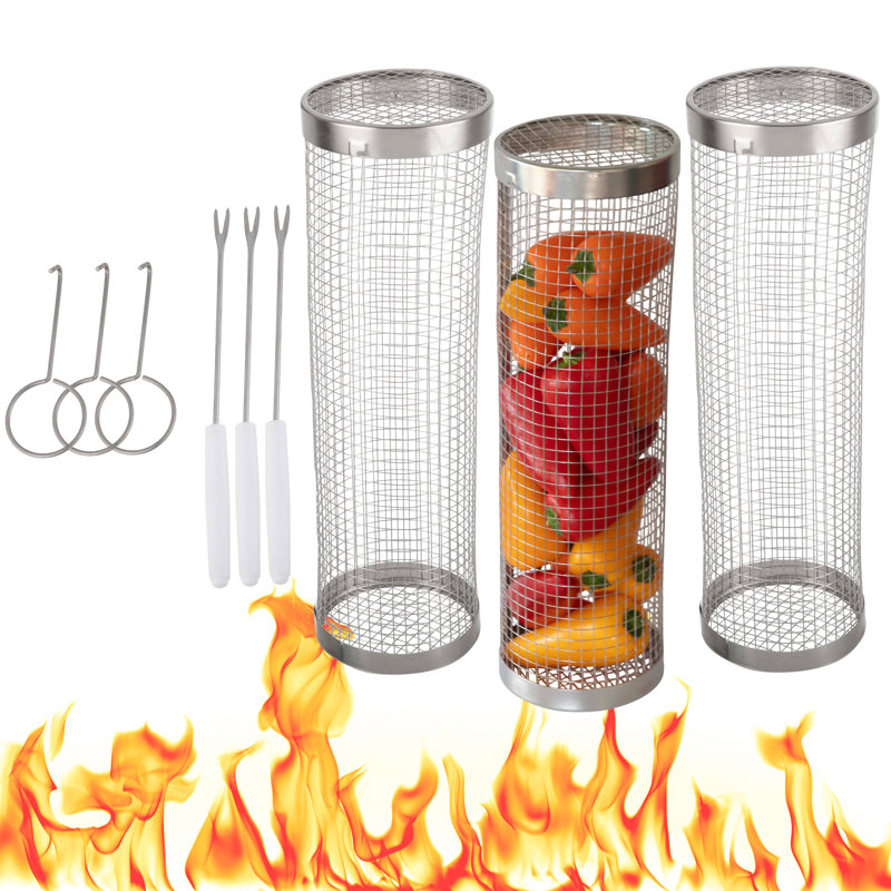 Paniers de gril pour barbecue - Trois paniers de gril à roulettes pour légumes, crevettes et poulet - Accessoires de barbecue en acier inoxydable par Home-Complet