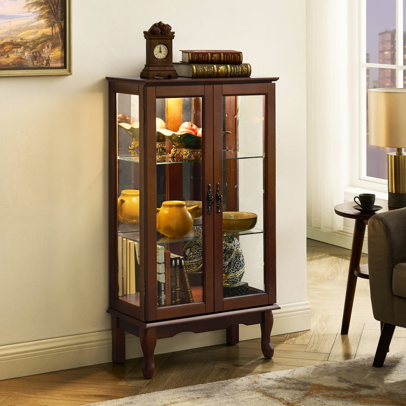 Walnut Curio Cabinet With Flexible Storage Shelves And Mirrored Back Lighted Adjustable Panel In, Walnut
