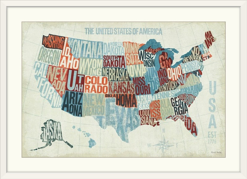 «USA Modern Blue» par William, art textuel, H 24 po x l 32 po x P 1 po, Cadre blanc