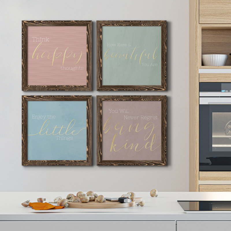Pensées heureuses - ensemble de 4 peintures sur toile encadrées, Encadré toile noyer, H 27,5 po x l 110 po x P 1,5 po