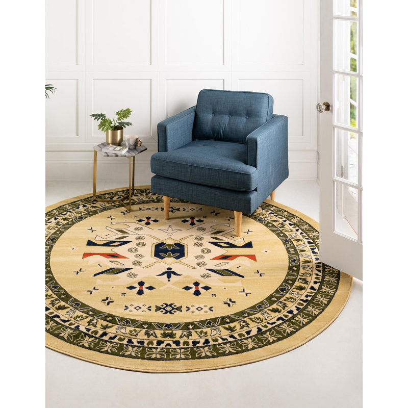 Tapis crème / vert Eesi, Rond 8 pi