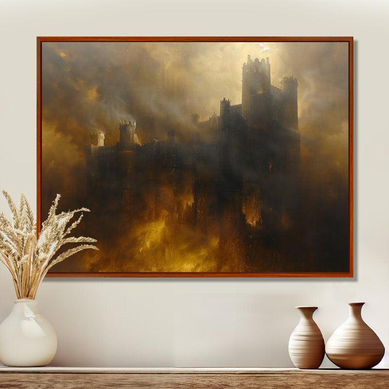 Impression d'art mural jaune, noir, automne, château noir, Toile avec cadre flottant brun, H 12 po x l 20 po x P 1 po