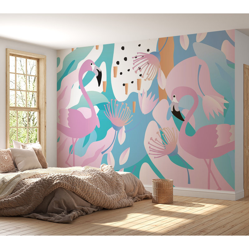 Murale pelez et collez de qualité supérieure - Flamingo Paradise, L 96 po x l 120 po