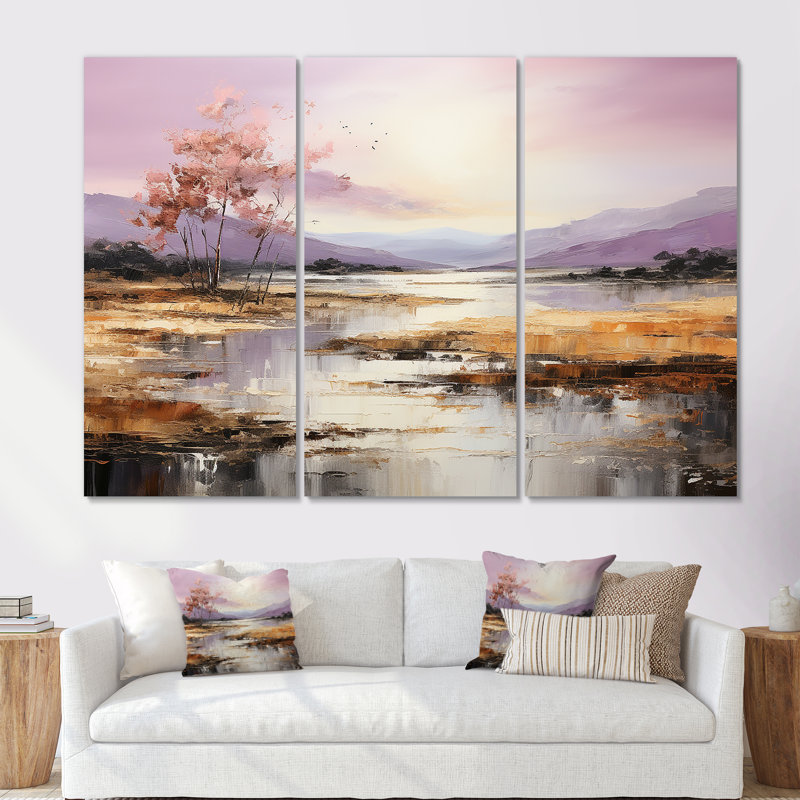 Mauve et or, lac et montagne I - art mural lac, Toile tendue, H 28 po x l 36 po x P 1 po