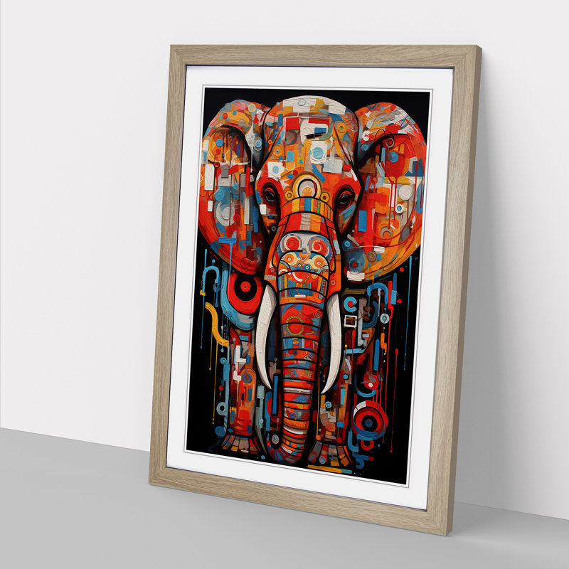 Elephant Constructivism No.3 - Single Picture Frame Print on Wood, Oak Framed, 64cm H x 46cm W