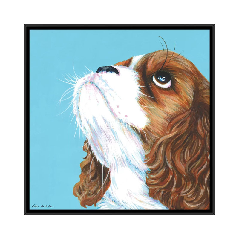 King Charles Cavalier on Aqua, Square 1 Piece Painting on Canvas, 93.98 cm H x 93.98 cm W, Black Framed