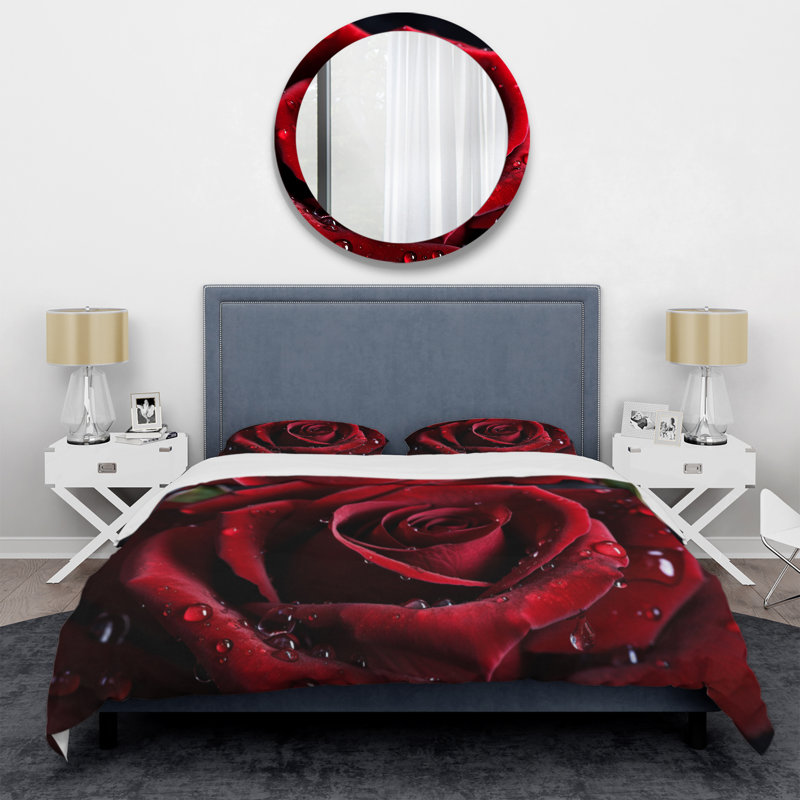Ensemble de housse de couette en microfibre / polyester Red Rose with Raindrops I