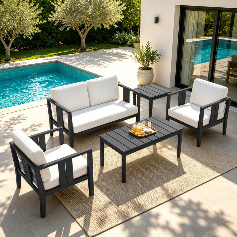 Ensemble de patio d'extérieur pour quatre personnes en teck avec coussins et deux tables Junco, Beige, Noir