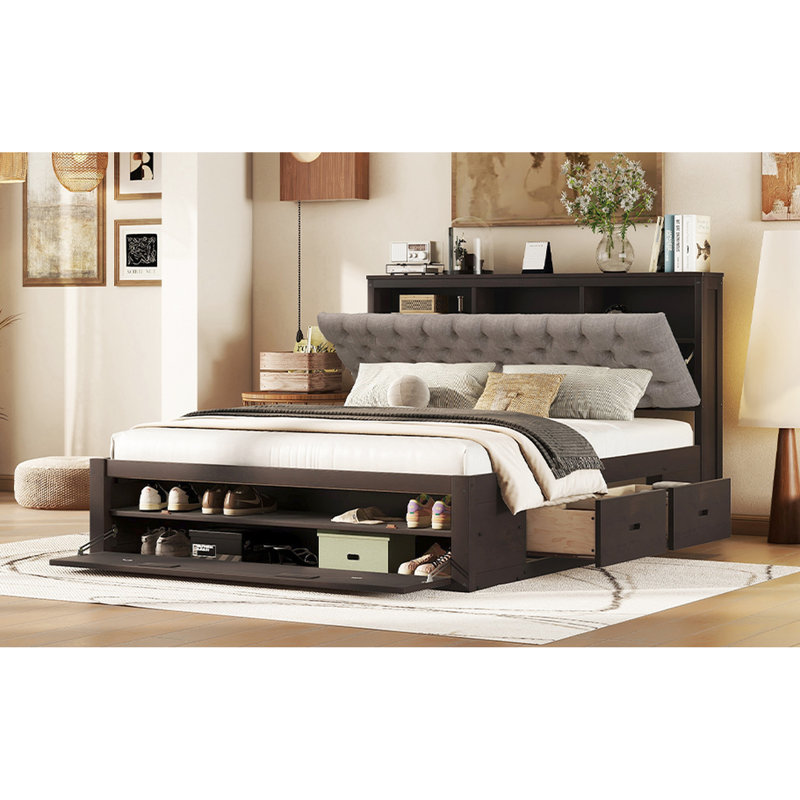 Grand lit avec tête de lit colorée, rangement, 4 tiroirs, étagère à chaussures et utilisation à long terme, rangement en bois