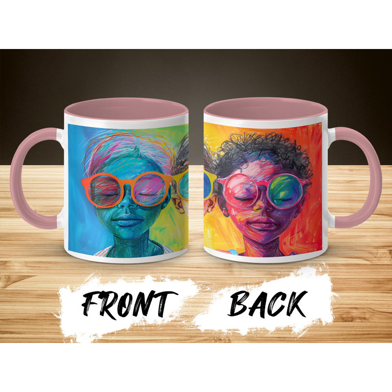 Kids Drawing Style 11oz Accent Mugs – Ceramic Coffee Cup with a Pink Handle and Interior
