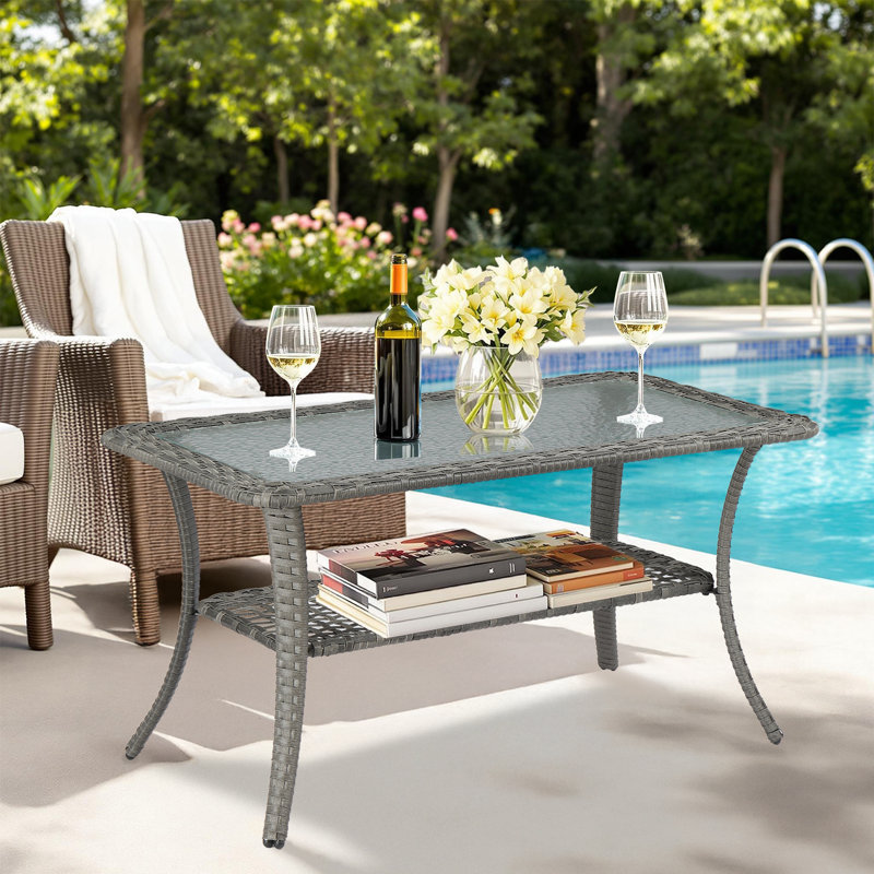 Table basse de patio en osier avec plateau en verre, Gris