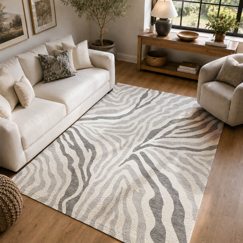 Tapis à imprimé animal de qualité supérieure lavable à la machine Villers, Gris, 3 pi x 5 pi