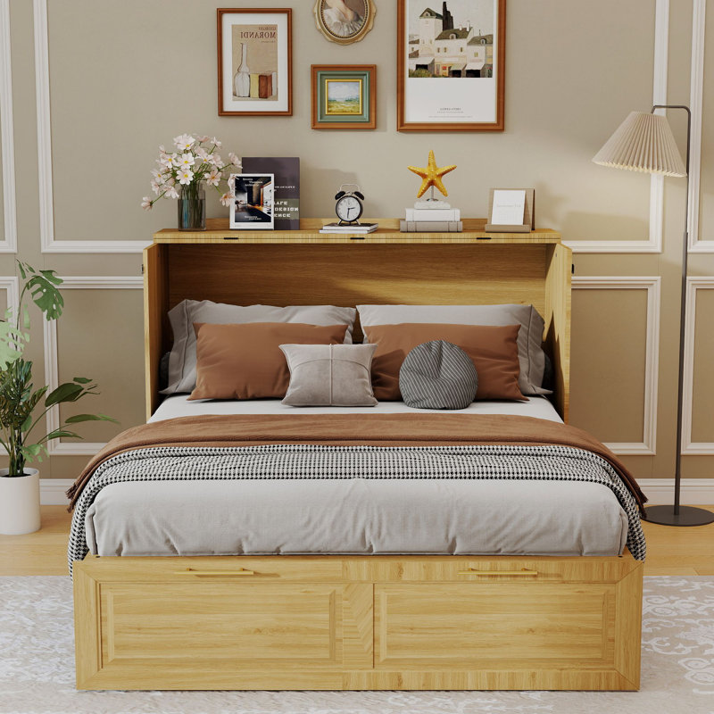 Fold Out Murphy Bed With Power Outlets for Living Room, Apartment, Bedroom, Oak, Oak