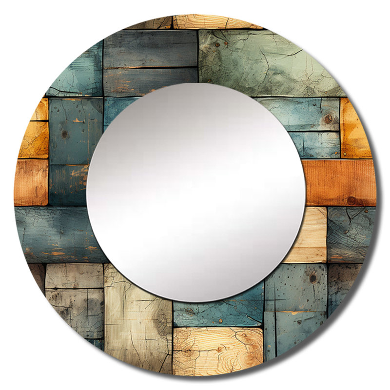 Reyla Rustic Modern Cubic Farmhouse Planks - vintage  Large Mirror, Blue Round Decorative Wall Mirror, Printed Metal Art