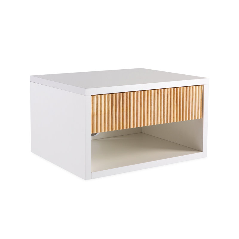 Elise 15.7" Modern Floating Wall Mounted Nightstand, Bedside Table with Fluted Drawer, Open Shelf & Cable Management, White/Light Oak