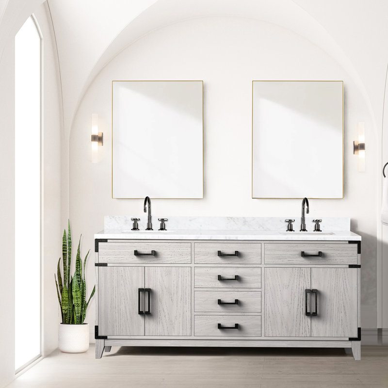 72 po Meuble-lavabo en chêne blanc avec marbre poli et tiroirs fonctionnels avec armoires pratiques
