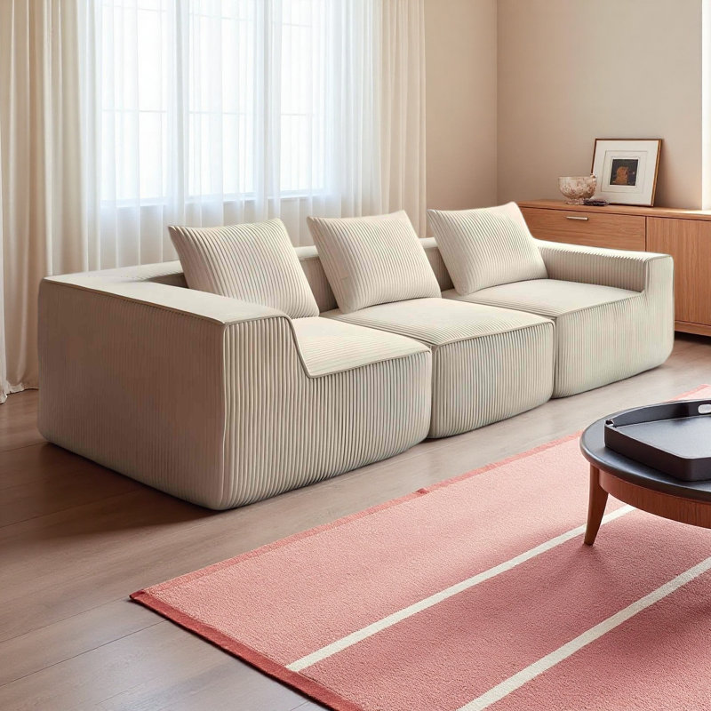 All-Foam Modular Sofa, Corduroy 3-Seater Sectional Couch, Vacuum-Compressed For Easy Delivery, Beige