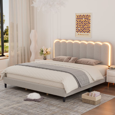 KING-Boucle Upholstered Solid Wood Bed Frame Soft Rounded Corners Headboard Low Profile Bed Frame with RGB LED Lights（No Mattress Included）