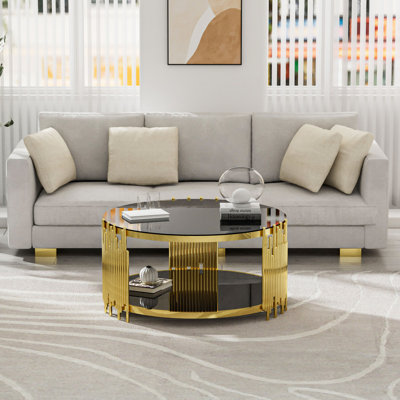 Table basse ronde à 2 niveaux en verre trempé l 35,4 po x H 17,7 po Tionah