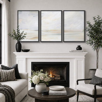 Minimal Landscape "Muted Serene Coastal Beach Artwork, Modern Abstract Neutral Wall Pictures, Large Framed Canvas Giclee Print 3 Pieces Wall Art" 16x24x3 pcs, 24x36x3 pcs